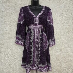 INC International Concepts Purple Silk Dress 12 Sheer‎ Boho Festival Tie Waist